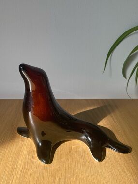 Vintage Pottery Seal Figurine Toffee Brown Glaze